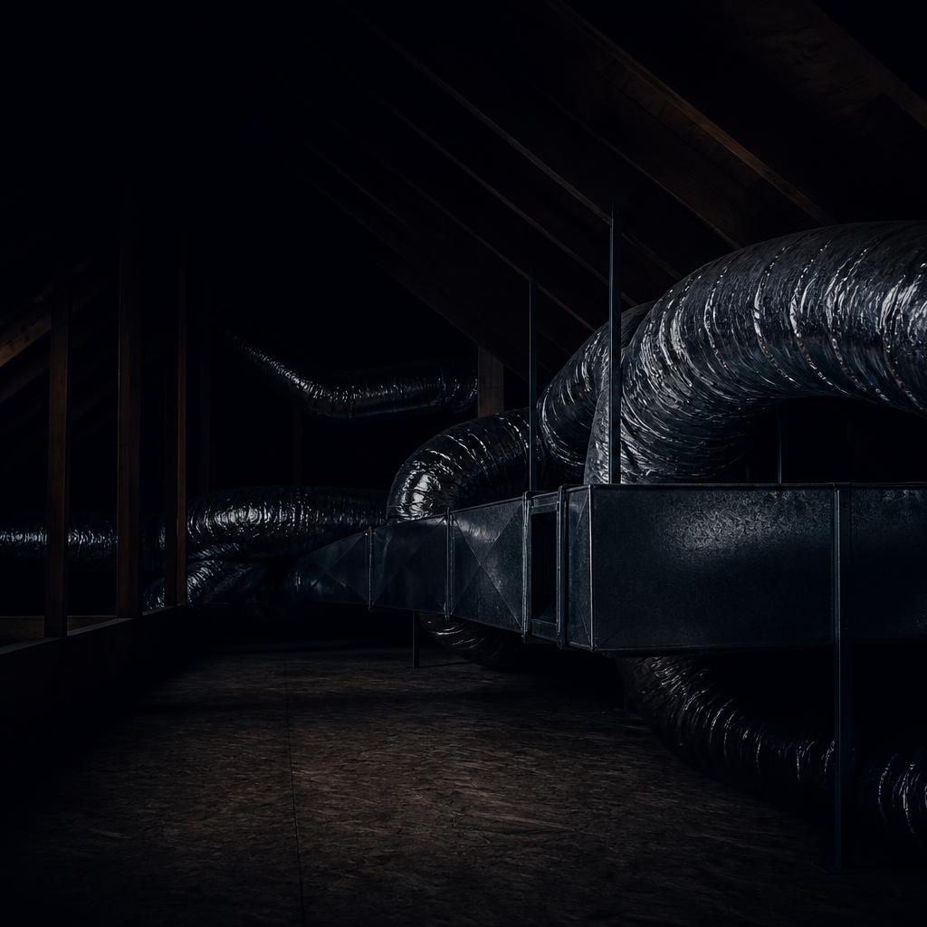 HVAC ductwork running through a dark attic