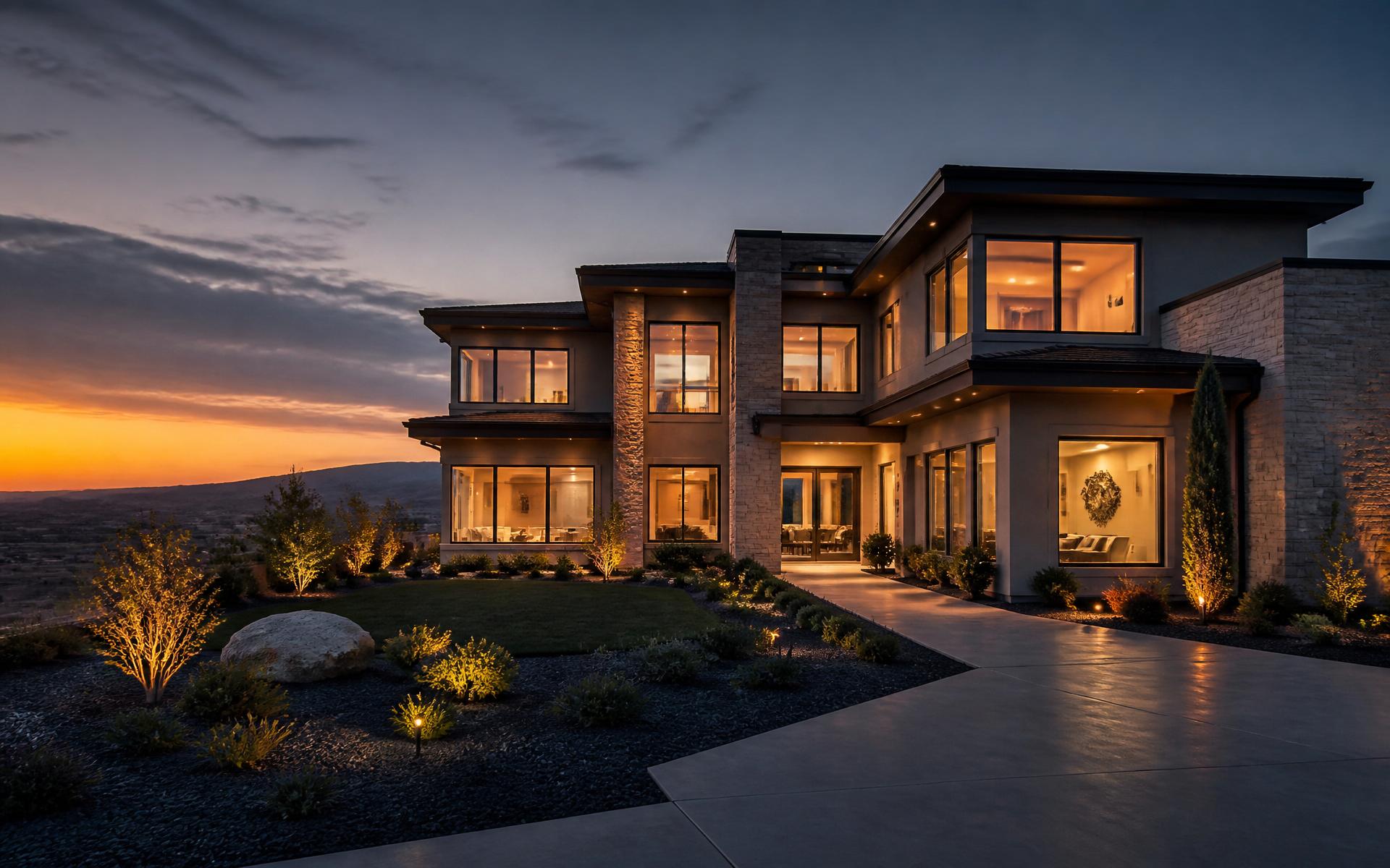Modern American home at golden-hour twilight