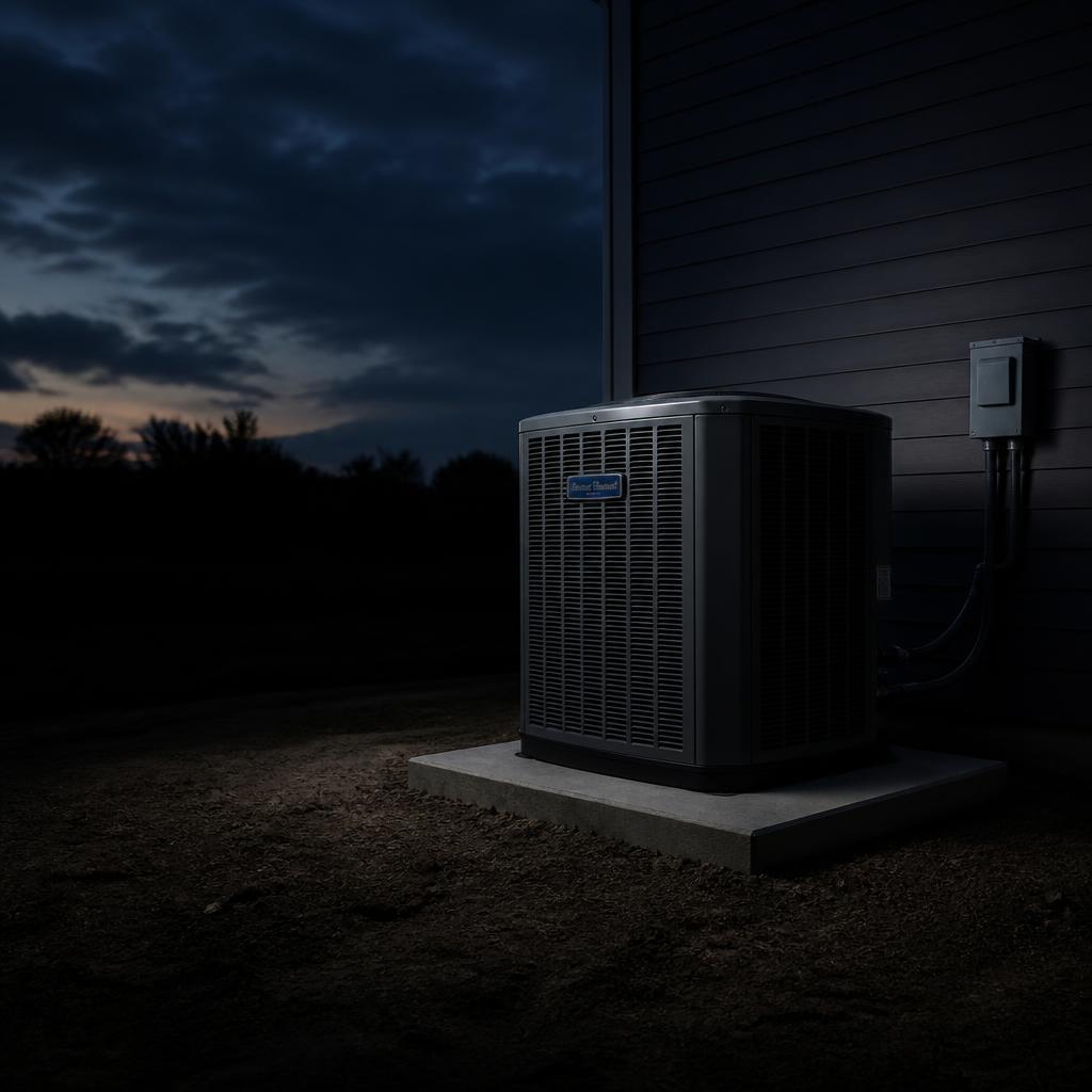 New air conditioning unit installed on a concrete pad at twilight
