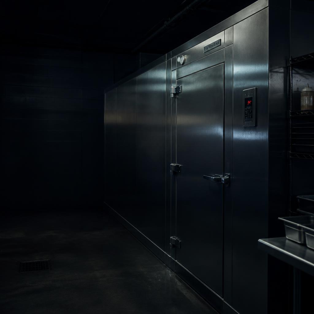 Stainless steel commercial walk-in cooler in a dim restaurant back-of-house