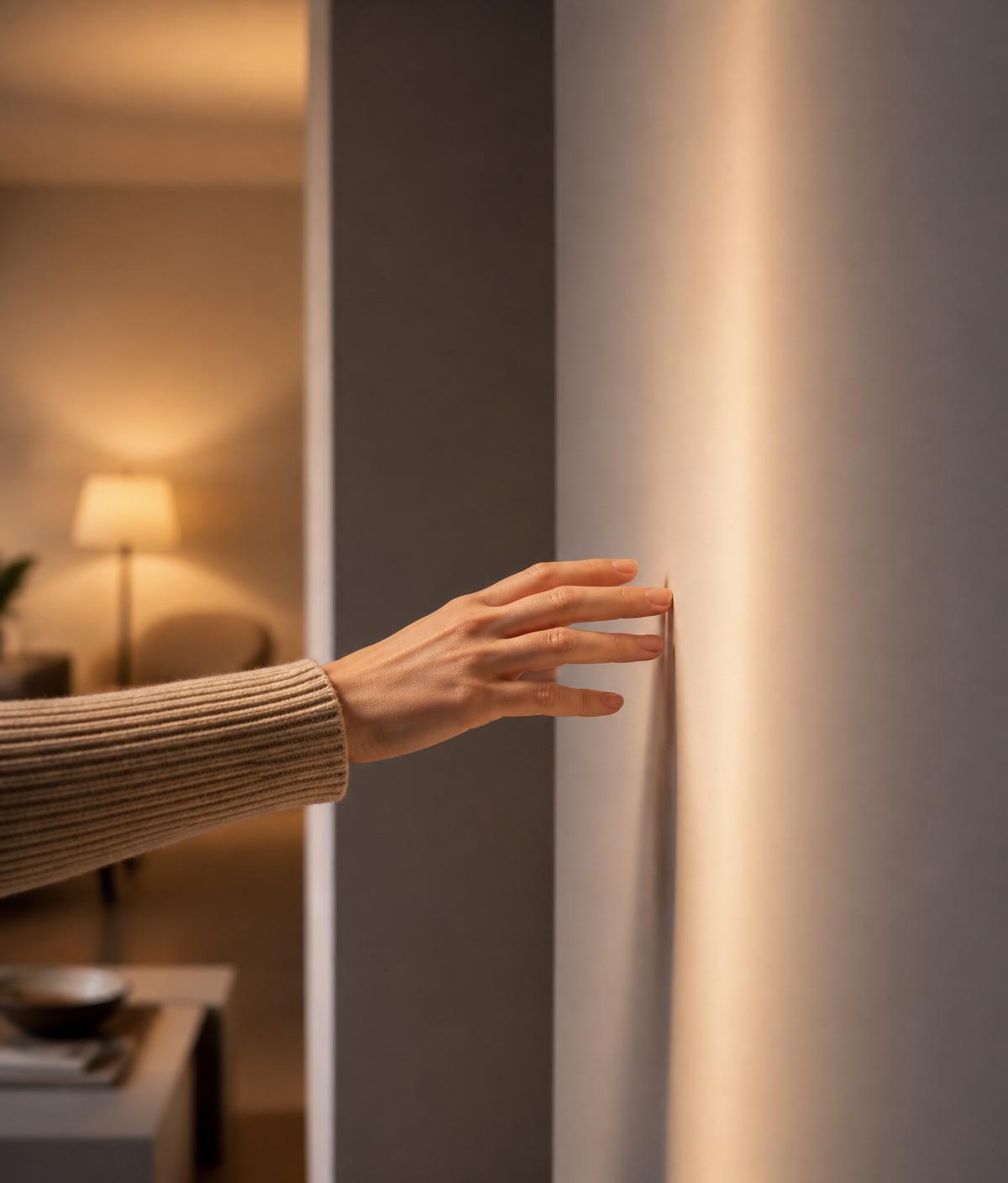 A hand gently interacting with a minimalist modern home interior
