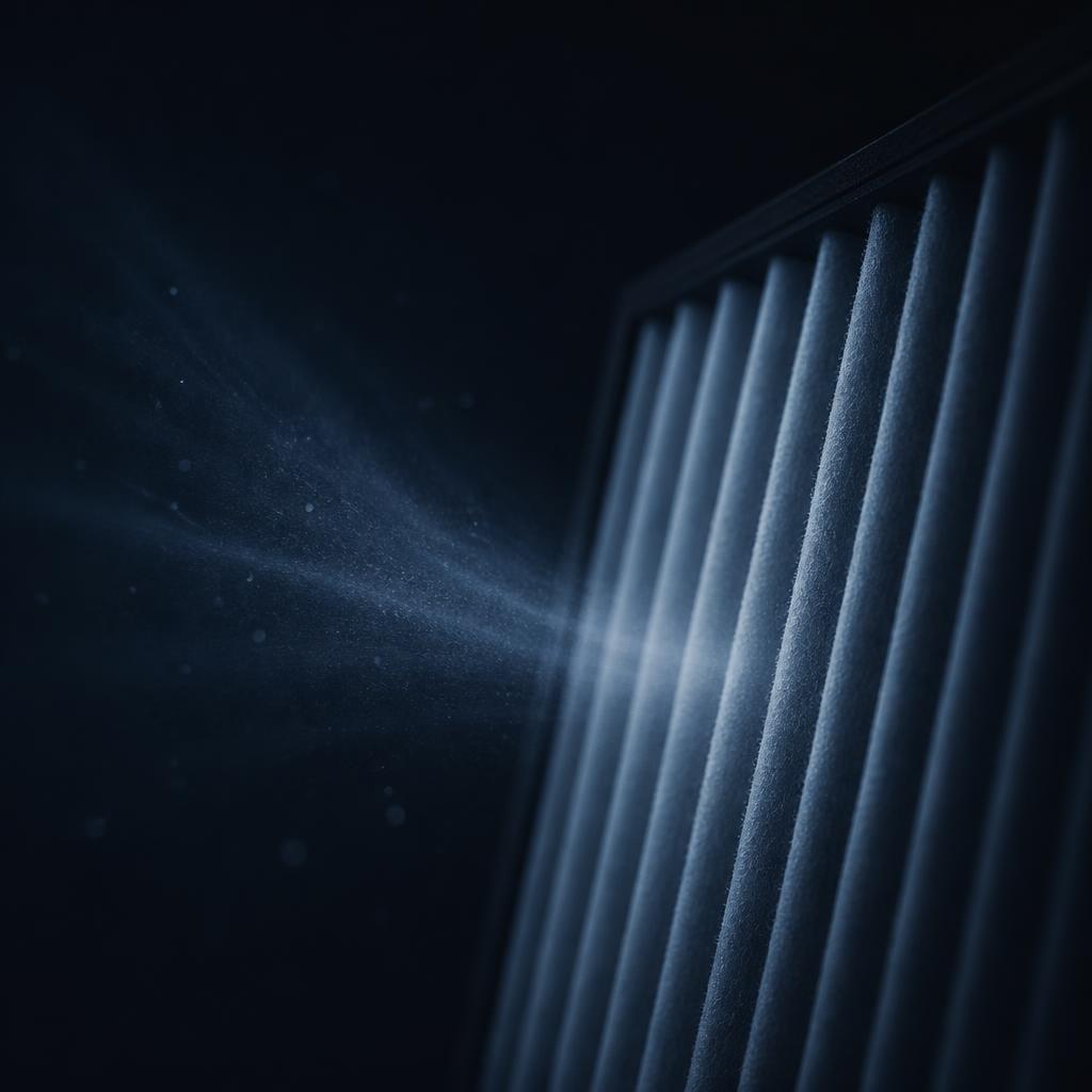 Clean air filter with flowing particles in a dark setting