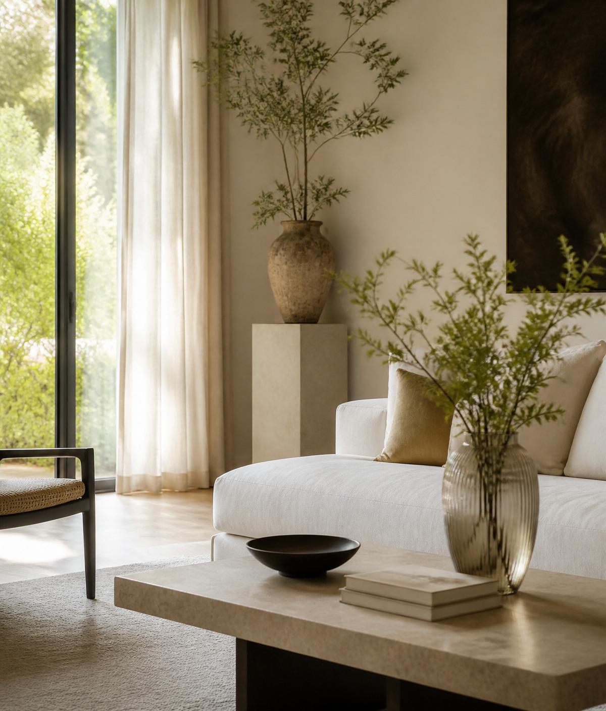 Bright, calm modern living room in summer daylight
