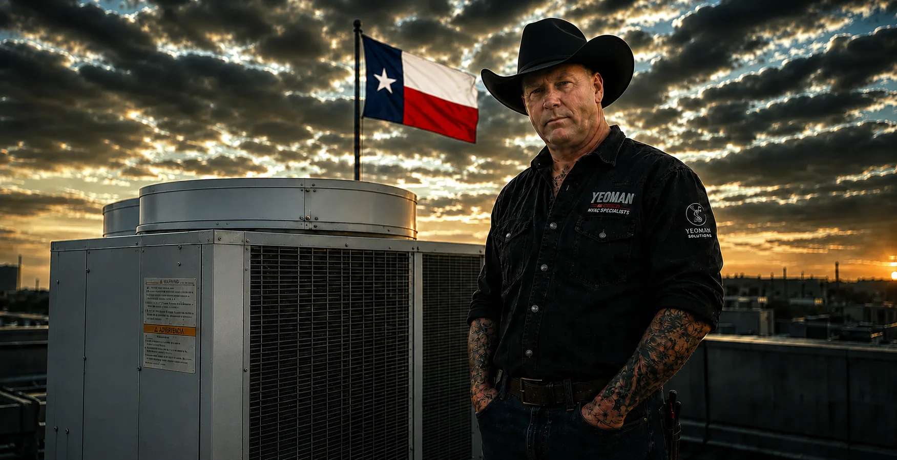 Richard Callahan, owner of Yeoman Solutions, on a rooftop at sunset next to an HVAC unit with the Texas flag behind him