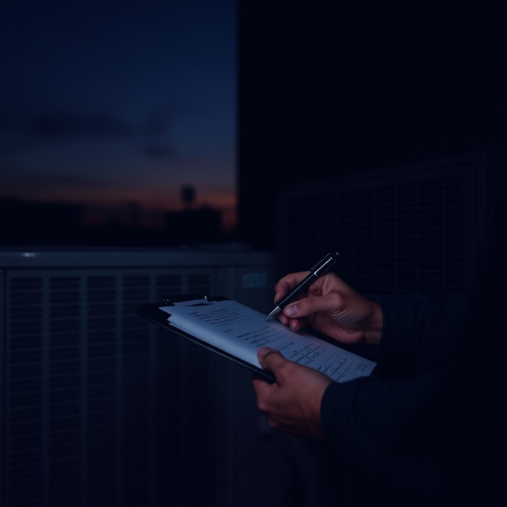 HVAC technician writing an inspection report on a clipboard at dusk